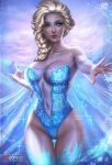  1girl absurdres artist_name bare_hips bare_shoulders blonde_hair blue_eyes blue_legwear blue_leotard braid breasts cleavage closed_mouth cloud cloudy_sky collarbone covered_navel cowboy_shot day elsa_(frozen) frozen_(disney) groin highleg highleg_leotard highres large_breasts leotard lips logan_cure long_hair long_sleeves off-shoulder_leotard outdoors outstretched_arm patreon_logo see-through single_braid sky smile snowflakes solo sparkle thigh_gap thighhighs twitter_username watermark web_address 