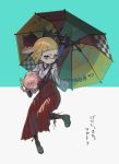  1girl :t bangs blonde_hair blunt_bangs boots brown_footwear closed_mouth commentary domino_mask frown green_eyes grey_kimono hakama_skirt high-waist_skirt holding holding_umbrella holding_weapon inkling_(language) japanese_clothes kimono knee_boots long_skirt long_sleeves looking_at_viewer lying mask on_stomach red_skirt short_hair skirt solo splat_brella_(splatoon) splatoon_(series) splatoon_2 standing standing_on_one_leg tentacle_hair translated umbrella weapon wide_sleeves yu-ri 