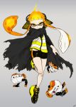  1girl artist_name aura autobomb_(splatoon) bangs black_cape black_shorts blunt_bangs cape closed_mouth commentary dated domino_mask grey_background headgear inkling leg_up light_frown mask orange_eyes orange_hair shoes short_shorts shorts signature simple_background single_vertical_stripe sneakers solo splatoon_(series) splatoon_2 splatoon_2:_octo_expansion squidbeak_splatoon standing standing_on_one_leg tentacles torn_cape torn_clothes vest yellow_footwear yellow_vest yeneny 