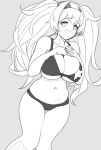 1girl bikini black_bikini breasts collarbone commentary_request cowboy_shot gambier_bay_(kantai_collection) greyscale hairband highres huge_breasts kantai_collection long_hair looking_at_viewer monochrome navel ryuun_(stiil) simple_background skindentation solo standing star star_print swimsuit thigh_gap twintails 