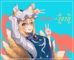  1girl 2019 2020 :d arm_up bangs blonde_hair blue_background blush breasts brooch commentary_request double_v dress fox_tail frilled_shirt_collar frills hair_between_eyes hand_up hat highres jewelry long_sleeves looking_at_viewer medium_breasts multiple_tails open_mouth outside_border pillow_hat short_hair smile solo tabard tail toluda touhou upper_body v white_dress white_headwear yakumo_ran yellow_eyes 