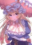 1girl :d bangs blonde_hair blush bow breasts choker commentary_request corset dress eyebrows_visible_through_hair frills gloves hair_between_eyes hair_bow hat hat_ribbon highres holding holding_umbrella large_breasts long_hair looking_at_viewer masanaga_(tsukasa) mob_cap open_mouth pink_bow pink_choker pink_ribbon puffy_short_sleeves puffy_sleeves purple_dress purple_eyes ribbon ribbon_choker short_sleeves simple_background smile solo touhou umbrella upper_body white_background white_gloves white_headwear yakumo_yukari 
