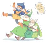  1girl alena_(dq4) breasts brey cape clift closed_mouth commentary_request curly_hair dragon_quest dragon_quest_iv gloves hat long_hair multiple_boys orange_hair pantyhose skirt yellow_skirt yuza 