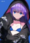  1girl bikini_top blue_background blue_eyes breasts choker fate/grand_order fate_(series) hayama_eishi hood hoodie long_hair meltryllis meltryllis_(swimsuit_lancer)_(fate) purple_hair sleeves_past_fingers sleeves_past_wrists small_breasts twitter_username 