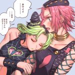  2girls arm_hug bare_shoulders black_hair blue_background braid braided_bun breasts brown_eyes choker closed_eyes collarbone commentary_request genderswap genderswap_(mtf) green_hair green_lipstick green_nails heart highres jojo_no_kimyou_na_bouken kuujou_jolyne lipstick looking_at_another makeup masanaga_(tsukasa) medium_breasts multiple_girls nail_polish narciso_anasui open_mouth pink_hair pink_lipstick profile short_hair simple_background spider_web_print stone_ocean sweat tank_top translated v-shaped_eyebrows wrist_cuffs yuri 