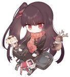  &gt;:( 1girl bangs black_hair black_jacket black_legwear boots character_doll chibi closed_mouth commentary_request dinergate_(girls_frontline) eyebrows_visible_through_hair fake_beard fake_facial_hair fake_mustache fringe_trim full_body girls_frontline grey_footwear hair_ribbon jacket kotatu_(akaki01aoki00) light_frown long_hair long_sleeves one_side_up pantyhose red_eyes red_ribbon red_scarf ribbon scarf simple_background sitting sleeves_past_wrists solo stuffed_animal stuffed_reindeer stuffed_toy v-shaped_eyebrows very_long_hair wa2000_(girls_frontline) white_background 