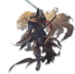  blonde_hair boots dual_wielding fighting_stance granblue_fantasy hat hat_removed headwear_removed holding long_hair lucius_(granblue_fantasy) minaba_hideo official_art orange_eyes sword tattered_cape weapon 