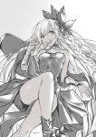  1girl bare_shoulders bracer braid breasts claws dark_skin flower granblue_fantasy greyscale hair_flower hair_ornament helel_ben_shalem highres hika_(cross-angel) looking_at_viewer medium_breasts monochrome mouth_hold simple_background solo tattoo white_background white_hair 
