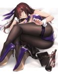  1girl animal_ears bottle bow bowtie breasts bunny_ears bunny_girl bunny_tail bunnysuit cup detached_collar drinking_glass fake_tail fate/grand_order fate_(series) hair_intakes high_heels large_breasts long_hair lying menu on_side pantyhose parfaitlate purple_hair red_eyes scathach_(fate)_(all) scathach_(fate/grand_order) smile solo tail wine_bottle wine_glass wrist_cuffs 