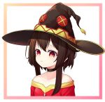 1girl bare_shoulders black_choker black_headwear blush breasts brown_hair choker collarbone commentary_request dress face frame frown hair_between_eyes hat ju-ok kono_subarashii_sekai_ni_shukufuku_wo! long_hair looking_at_viewer megumin red_dress red_eyes simple_background small_breasts solo white_background witch_hat 