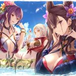  3girls bangs bare_shoulders bikini black_bikini blue_bikini blue_sky blush bracelet breasts brown_hair carmilla_(fate/grand_order) cleavage collarbone cup double_bun drinking_glass earrings fate/grand_order fate_(series) flower hair_between_eyes hair_flower hair_ornament holding holding_wand jewelry large_breasts long_hair looking_at_viewer multiple_girls murasaki_shikibu_(fate) navel necklace open_mouth parted_bangs ponytail purple_bikini purple_eyes purple_hair red_eyes red_vest scathach_(fate)_(all) scathach_skadi_(fate/grand_order) sky smile swimsuit very_long_hair vest wading wand water white_hair yatsuka_(846) yellow_eyes 