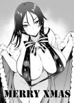 1girl ass_visible_through_thighs bangs bell blush breasts christmas commentary_request covered_nipples eyebrows_visible_through_hair fate/grand_order fate_(series) greyscale large_breasts long_hair looking_at_viewer minamoto_no_raikou_(fate/grand_order) monochrome parted_bangs parted_lips ribbon simple_background slingshot_swimsuit solo swimsuit tagme very_long_hair white_background yosomono 