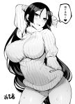  1girl bangs breasts commentary_request cowboy_shot fate_(series) greyscale large_breasts long_hair minamoto_no_raikou_(fate/grand_order) monochrome signature simple_background solo very_long_hair white_background yosomono 