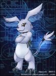  2011 abstract_background ambiguous_gender anthro claws collar digimon digimon_(species) digital_media_(artwork) felid fossilexmachina gazimon hybrid lagomorph leather mammal simple_background solo 