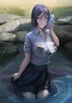  1girl absurdres bangs blue_eyes bottle bottle_to_cheek bra bra_through_clothes breasts cowboy_shot dokshuri highres large_breasts long_hair open_collar original parted_bangs partially_submerged rock shirt sitting skirt smile solo underwear water water_bottle wet wet_clothes 