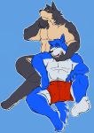  2008 anthro blue_background bottomwear canid canine canis clothing domestic_dog duo himachi humanoid_hands male mammal navel shorts simple_background sitting 