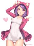  1girl animal_ears animal_hood ass_visible_through_thighs breasts cat_ears cat_tail collarbone eyebrows_visible_through_hair hair_ornament hairclip heart hood hooded_jacket jacket looking_at_viewer medium_breasts old_school_swimsuit one-piece_swimsuit open_clothes open_jacket original purple_eyes purple_hair sasaame school_swimsuit short_hair solo swimsuit tail twitter_username white_background white_school_swimsuit white_swimsuit 