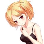  1girl bangs bare_shoulders blonde_hair breasts camisole closed_mouth finger_to_mouth huyumitsu index_finger_raised kuroe_futaba looking_at_viewer medium_breasts short_twintails shushing simple_background smile spaghetti_strap twintails upper_body white_background world_trigger 