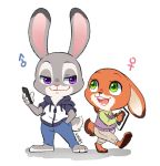  2016 alternate_species anthro barefoot bottomwear cellphone clothed clothing crossgender dipstick_ears disney duo fully_clothed fur green_eyes grey_body grey_fur hand_in_pocket holding_cellphone holding_object holding_phone hoodie judy_hopps lagomorph leporid looking_at_another mammal multicolored_ears nick_wilde open_mouth open_smile orange_body orange_fur pants phone pockets rabbit simple_background smile standing topwear white_background zootopia トマト豆太 