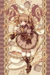  1girl :d animal_ears blurry blush boots brown_eyes brown_hair brown_theme depth_of_field dress drill_hair frame highres juliet_sleeves knee_boots long_sleeves looking_at_viewer mogmogyasai open_mouth original puffy_sleeves smile solo sparkle sugar_cube tea teaspoon 