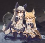  2girls :3 alternate_costume animal_ears apron back_bow bell bell_collar black_dress black_legwear black_neckwear bloomers blue_bow bow bowtie collar commentary_request dress enmaided extra_ears eyebrows_visible_through_hair ezo_red_fox_(kemono_friends) fang fox_ears fox_girl fox_tail fur_collar grey_hair highres kemono_friends kneeling kolshica long_hair maid maid_apron maid_dress multicolored_hair multiple_girls no_shoes open_mouth orange_bow orange_hair puffy_short_sleeves puffy_sleeves red_collar short_sleeves silver_fox_(kemono_friends) silver_hair sitting tail thighhighs underwear wariza white_bow yellow_eyes zettai_ryouiki 