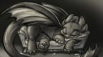  4_toes black_skin carrot_(artist) claw_marks claws dragon eyes_closed greyscale how_to_train_your_dragon male monochrome night_fury on_couch sleeping snout solo toes toothless wings 