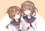  2girls :d absurdres blush brown_eyes brown_hair eyebrows_visible_through_hair fathom folded_ponytail hair_between_eyes hair_ornament hairclip highres ikazuchi_(kantai_collection) inazuma_(kantai_collection) kantai_collection long_hair multiple_girls open_mouth school_uniform serafuku short_hair smile 