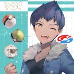  1boy :d bangs blue_hair blue_jacket clenched_hand dark_skin dark_skinned_male friend_ball fur-trimmed_jacket fur_trim gen_8_pokemon hop_(pokemon) jacket open_mouth poke_ball poke_ball_(generic) poke_ball_theme pokemon pokemon_(creature) pokemon_(game) pokemon_swsh smile spiked_hair upper_body wooloo yellow_eyes yuhi_(hssh_6) 