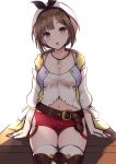  1girl :o atelier_(series) atelier_ryza belt blush breasts brown_belt brown_eyes brown_hair brown_legwear cleavage collarbone eyebrows_visible_through_hair hair_ornament hairclip hat jewelry looking_at_viewer medium_breasts navel necklace red_shorts reisalin_stout sei000 short_hair short_shorts shorts simple_background sitting solo star star_necklace thighhighs thighs white_background white_headwear white_legwear 