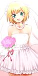  1girl :d aqua_eyes bangs blonde_hair blush bouquet bridal_veil commentary_request dr_rex dress eyebrows_visible_through_hair flower holding holding_bouquet looking_at_viewer miyamori_aoi open_mouth pink_flower red_ribbon ribbon round_teeth shirobako short_hair smile solo strapless strapless_dress teeth upper_teeth veil wedding_dress white_dress 