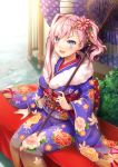  1girl :d absurdres bangs blue_eyes blue_kimono blush breasts brown_footwear cherry_blossom_print commentary_request earrings eyebrows_visible_through_hair fate/grand_order fate_(series) floral_print flower furisode hair_between_eyes hair_flower hair_ornament highres holding holding_umbrella japanese_clothes jewelry kimono long_hair medium_breasts miyamoto_musashi_(fate/grand_order) obi open_mouth oriental_umbrella pink_hair print_kimono print_umbrella purple_umbrella red_flower samoore sash side_ponytail sitting smile solo stud_earrings umbrella yellow_flower 
