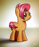  2012 babs_seed_(mlp) dori-to earth_pony equid equine female feral freckles friendship_is_magic green_eyes hair hi_res horse mammal multicolored_hair my_little_pony orange_body pink_hair pony sad signature simple_background solo two_tone_hair young 
