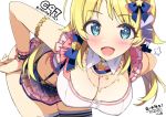  1girl blonde_hair blue_eyes blue_shirt bracelet breasts cleavage hachimiya_meguru hair_ornament hairclip highres idolmaster idolmaster_shiny_colors jewelry large_breasts looking_at_viewer low_twintails midriff ootomo_takuji open_mouth shirt solo star star_hair_ornament tagme thighhighs twintails 
