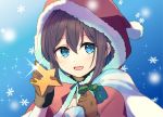  1girl bangs blue_background blue_eyes blush brown_gloves brown_hair capelet christmas eyebrows_visible_through_hair fur_trim gloves hair_between_eyes holding holding_sack holding_star hood hood_up hooded_capelet kantai_collection open_mouth pom_pom_(clothes) sack santa_costume shigure_(kantai_collection) simple_background snowflakes snowing solo sparkle star upper_body yukichi_(eikichi) 