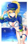  1girl adjusting_clothes adjusting_hat ahoge artoria_pendragon_(all) bangs baseball_cap bikini blonde_hair blue_eyes blue_headwear blue_sky blush border breasts cloud commentary_request cowboy_shot day eyebrows_visible_through_hair fate/grand_order fate_(series) hair_between_eyes hand_up hat highres large_breasts leaning_forward long_sleeves looking_at_viewer mysterious_heroine_xx_(foreigner) navel outdoors outside_border ponytail short_hair short_ponytail shrug_(clothing) side-tie_bikini sidelocks sky smile solo standing stomach swimsuit thigh_strap thighs water water_drop white_bikini white_border yuito_(yuitokobunasbs0) 