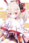  1girl 2020 :o ayanami_(azur_lane) azur_lane bangs black_skirt bow commentary_request egasumi eyebrows_visible_through_hair fox_mask hair_between_eyes hair_bow hair_ornament hairclip headgear high_ponytail highres japanese_clothes kimono koko_ne_(user_fpm6842) light_brown_hair long_hair long_sleeves looking_at_viewer mask mask_on_head parted_lips pleated_skirt ponytail red_bow red_eyes sitting skirt sleeves_past_fingers sleeves_past_wrists solo striped striped_bow thighhighs very_long_hair white_kimono white_legwear wide_sleeves 