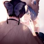  1boy 1girl :t black_hair blue_hair blurry boar_mask brown_eyes bug butterfly butterfly_hair_ornament cleaning commentary_request depth_of_field eating facing_away food food_on_face glowing hair_ornament haori hashibira_inosuke insect japanese_clothes kimetsu_no_yaiba kochou_shinobu long_sleeves looking_at_another mana111700 motherly one_eye_covered rice shade upper_body 