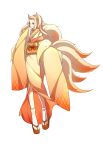  1girl absurdres animal_ears blonde_hair fox_ears fox_tail full_body gradient_kimono hand_up highres japanese_clothes kimono long_hair ninetales obi personification pokemon red_eyes sandals sash sidelocks simple_background socks solo standing sunuo_de_justwe_zidong_shou_huoji tail white_background wide_sleeves 