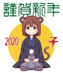 1girl 2020 animal_ears bangs blue_kimono blush_stickers brown_hair closed_mouth commentary_request eyebrows_visible_through_hair highres hozuki_momiji japanese_clothes kemonomimi_mode kimono long_sleeves looking_at_viewer mouse_ears mouse_girl mouse_tail nekotoufu nengajou new_year onii-chan_wa_oshimai open_clothes red_eyes seiza sitting smile solo tail translation_request two-tone_background white_background wide_sleeves yellow_background 