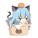  1girl amashiro_natsuki animal_ears bangs barefoot blue_eyes blue_hair blush_stickers cat_ears cat_girl cat_tail chibi closed_mouth commentary_request food food_on_head fruit grey_shirt hair_between_eyes highres long_hair long_sleeves looking_away lying mandarin_orange nekoha_shizuku object_on_head on_stomach original shirt simple_background solo tail white_background 