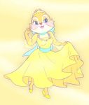  2019 anastasia_(film) anthro blue_eyes blush chipmunk clarice_(disney) claricelovev clothed clothing cosplay crown disney don_bluth dress eyelashes female footwear fur gradient_background ground_squirrel looking_aside mammal open_mouth open_smile red_nose rodent sciurid shoes simple_background smile tan_body tan_fur tiara yellow_clothing yellow_dress yellow_footwear yellow_shoes 