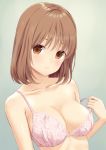  1girl bangs banned_artist blush bra breasts brown_eyes brown_hair cleavage closed_mouth collarbone eyebrows_visible_through_hair medium_breasts n.g. original pink_bra pulled_by_self smile solo strap_pull underwear underwear_only undressing upper_body 
