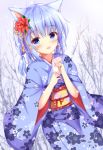  1girl :d animal_ears bare_tree blue_eyes blue_hair blue_kimono blush braid cat_ears cherry_blossom_print commentary_request dutch_angle facial_mark final_fantasy final_fantasy_xiv floral_print flower hair_flower hair_ornament hands_up holding japanese_clothes kedama_(kedama_akaza) kimono looking_at_viewer miqo&#039;te new_year obi open_mouth print_kimono red_flower sash short_sleeves smile snowing solo tree wide_sleeves 