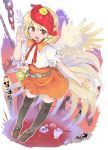  1girl :d ambiguous_red_liquid animal animal_on_head bangs belt bird black_legwear blonde_hair brown_belt brown_footwear chain chick commentary_request eyebrows_visible_through_hair feathered_wings hand_up loafers looking_at_viewer miniskirt multicolored_hair niwatari_kutaka on_head open_mouth orange_skirt puffy_short_sleeves puffy_sleeves puuakachan red_eyes red_hair shirt shoes short_hair short_sleeves skirt skull smile solo tail_feathers thighhighs touhou translation_request two-tone_hair white_shirt wings yellow_wings zettai_ryouiki 
