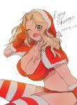  1girl artist_name bikini blonde_hair blue_eyes blush bouncing_breasts breasts christmas cleavage dated eyebrows_visible_through_hair girls_und_panzer gloves hat highres kay_(girls_und_panzer) kyougi_sharyou large_breasts long_hair one_eye_closed open_mouth red_bikini red_gloves santa_costume santa_hat shiny shiny_hair simple_background smile solo striped striped_legwear swimsuit thighhighs tongue v white_background 