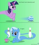  2019 absurd_res bowling bowling_ball bowling_pin comic crossed_arms cup cutie_mark digital_media_(artwork) duo english_text equid female feral friendship_is_magic frown genie gradient_background hi_res horn inanimate_transformation looking_at_viewer lying mammal my_little_pony on_front parclytaxel raised_arm simple_background smile tea_cup text transformation trixie_(mlp) twilight_sparkle_(mlp) unicorn url winged_unicorn wings 
