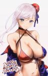  1girl akebono_kt american_flag_bikini bangs bare_shoulders bikini bikini_top blue_eyes breasts closed_mouth collarbone commentary_request cosplay eyebrows_visible_through_hair fate/grand_order fate_(series) flag_print front-tie_bikini front-tie_top hair_bun highres jacket lips looking_at_viewer medium_breasts miyamoto_musashi_(fate/grand_order) miyamoto_musashi_(swimsuit_berserker)_(fate) navel off_shoulder pink_hair shiny shiny_hair simple_background solo star star_print stomach striped sweat sweatdrop swimsuit tied_hair upper_body 