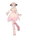  1girl animal_ears blush brown_eyes cleffa dress full_body gloves highres looking_at_viewer personification pink_dress pink_footwear pink_gloves pink_legwear pokemon short_hair short_sleeves simple_background smile solo standing standing_on_one_leg sunuo_de_justwe_zidong_shou_huoji thighhighs white_background 