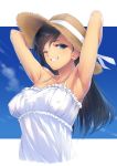  1girl ;) aqua_eyes armpits arms_behind_head arms_up bangs bare_shoulders black_hair blue_sky blush breasts cloud collarbone covered_nipples day dress dripping fang framed_breasts frilled_dress frills grin hat hat_ribbon highres kanata_(kanata_onion) long_hair looking_at_viewer one_eye_closed original outdoors outside_border ribbon shiny shiny_skin sky sleeveless sleeveless_dress smile solo straw_hat sundress sweat tan upper_body white_dress 