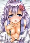  1girl alternate_breast_size azur_lane bangs bare_shoulders bed_sheet blue_eyes blush breasts cleavage collarbone eyebrows_visible_through_hair fingernails flower from_above groin_tendon hair_flower hair_ornament hand_on_own_chest hand_up highres large_breasts long_hair long_sleeves looking_at_viewer looking_up navel no_bra off-shoulder_kimono open_clothes open_mouth panties purple_eyes shiny shiny_skin sidelocks sitting smile solo special_tan spread_legs tareme underwear unicorn_(azur_lane) white_panties 